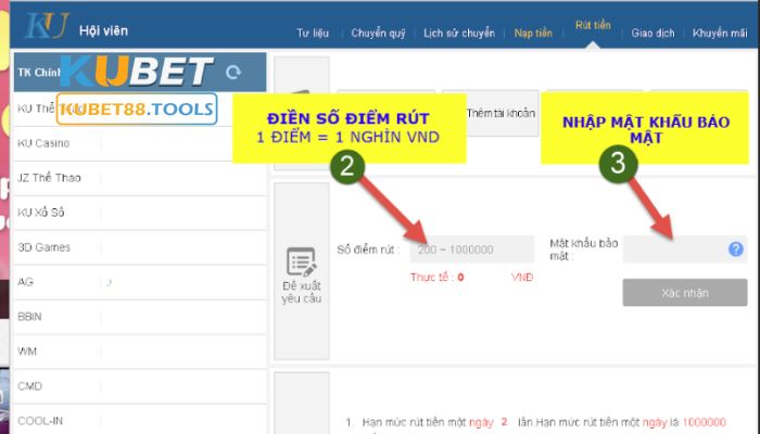 Hướng dẫn rút tiền Kubet trên PC